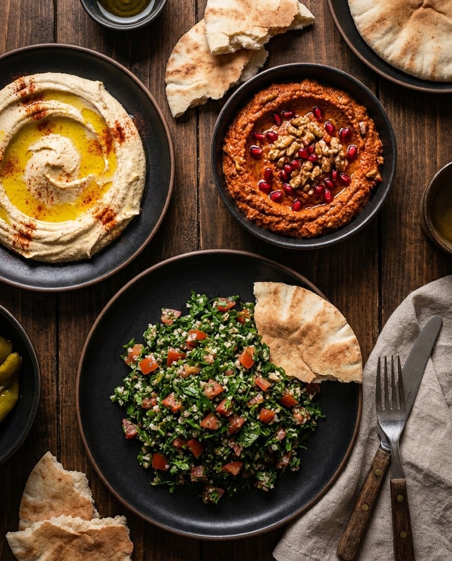 Syrische Mezze-Auswahl mit Hommus und Muhammara